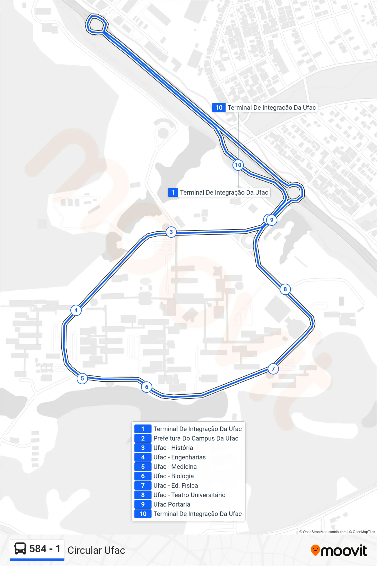 Rota e paradas da linha de ônibus  584 - 1  (Circular Ufac) no mapa