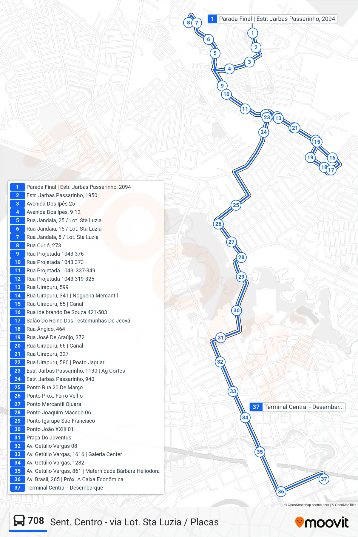 Rota e paradas da linha de ônibus 708 (Sent. Centro - via Lot. Sta Luzia / Placas) no mapa