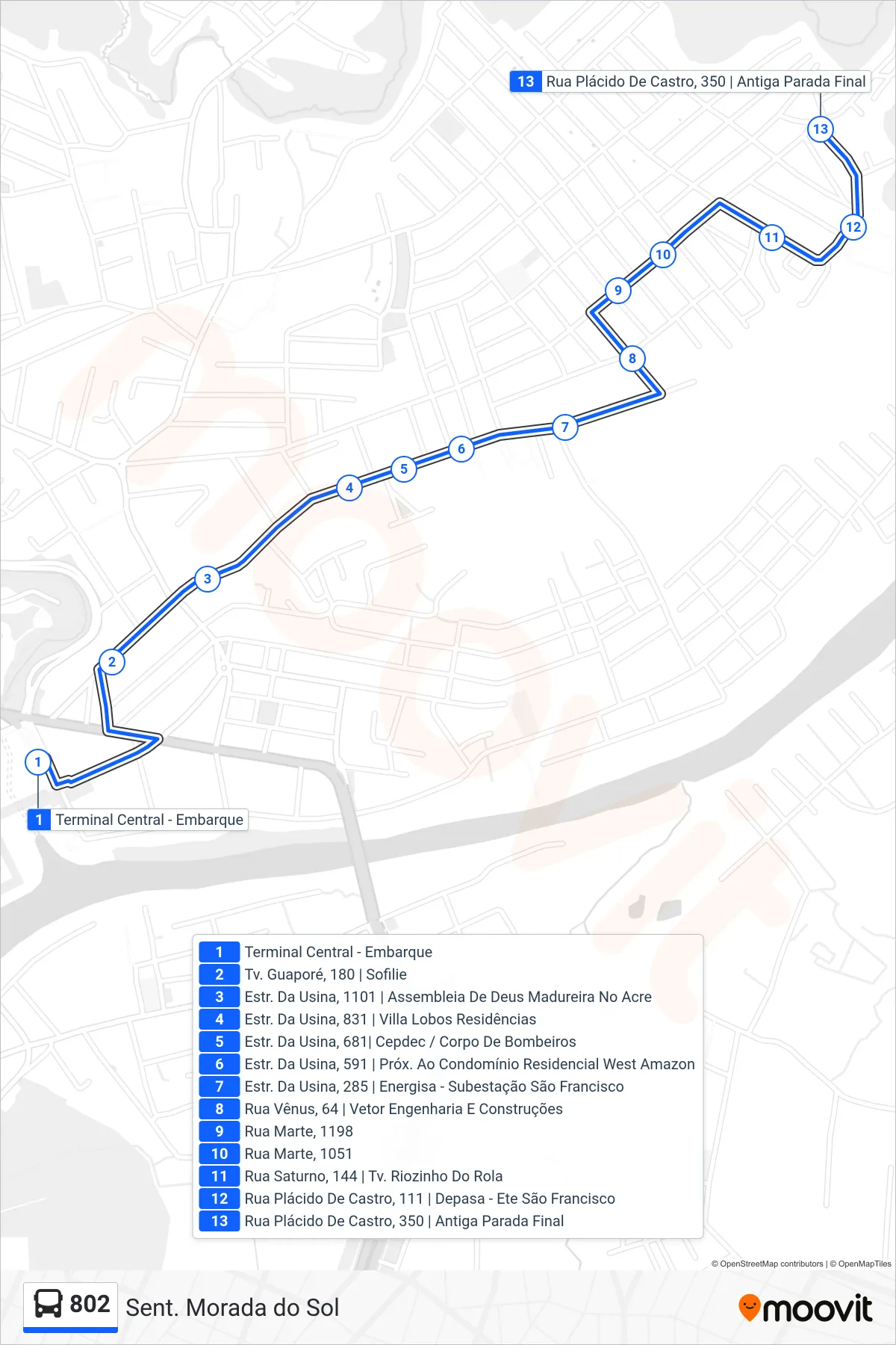 Rota e paradas da linha de ônibus 802 (Sent. Morada do Sol) no mapa