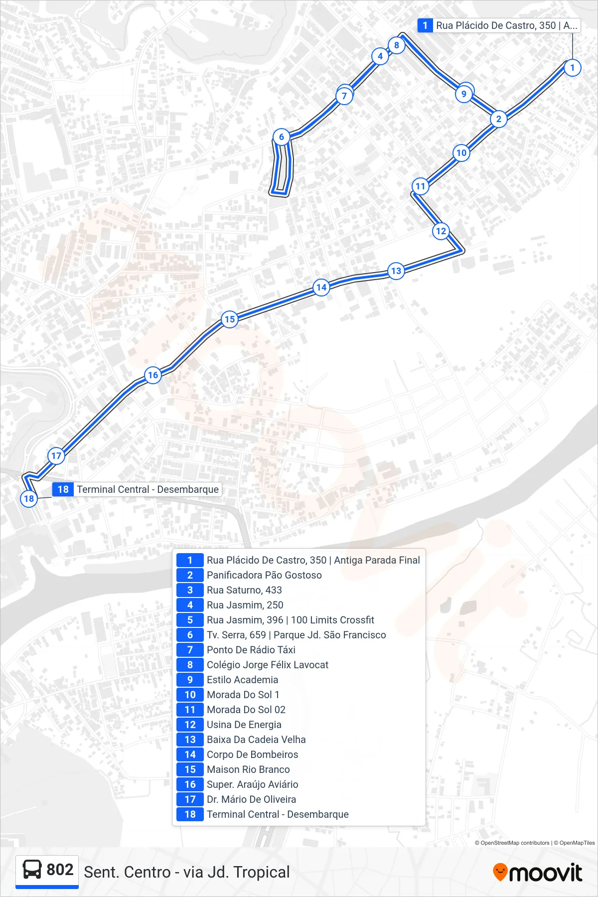 Rota e paradas da linha de ônibus  802  (Sent. Centro - via Jd. Tropical) no mapa