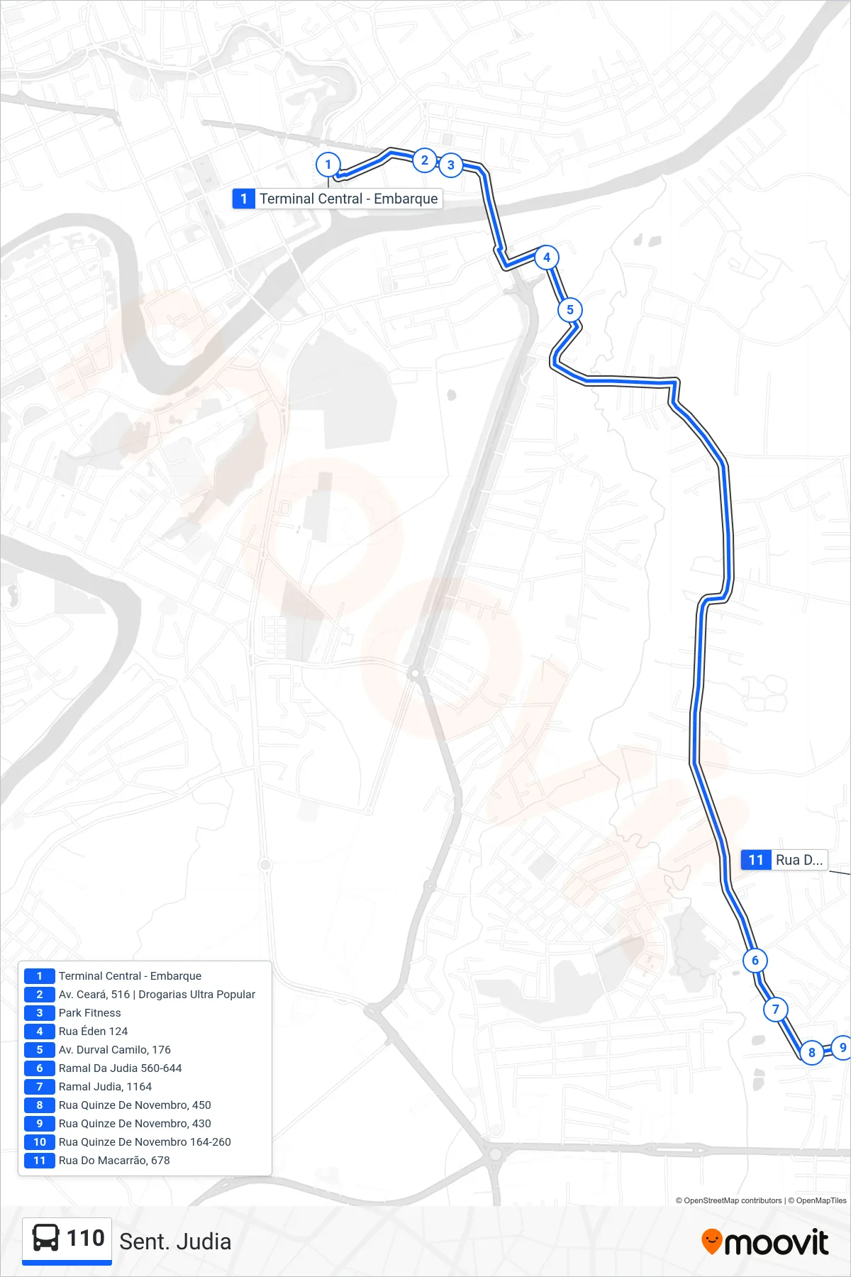 Rota e paradas da linha de ônibus 110 (Sent. Judia) no mapa
