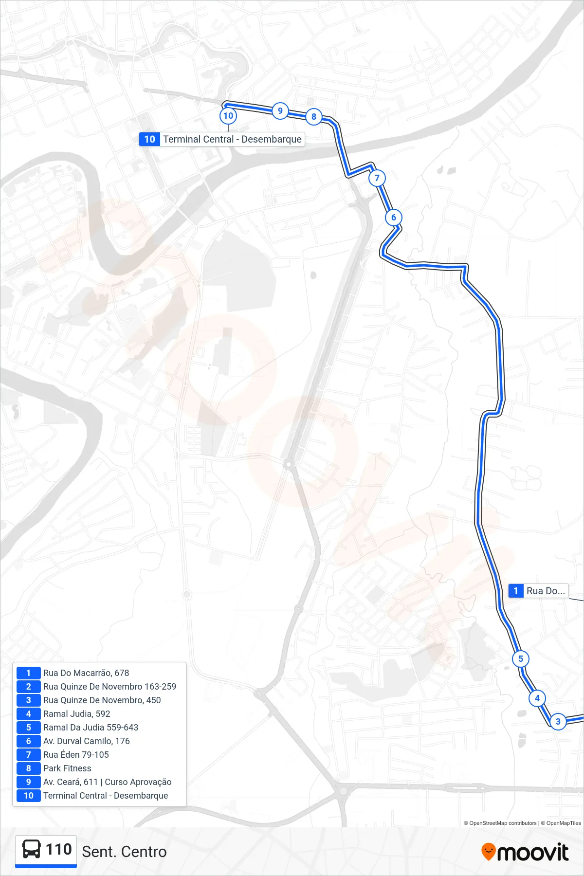 Rota e paradas da linha de ônibus  110  (Sent. Centro) no mapa
