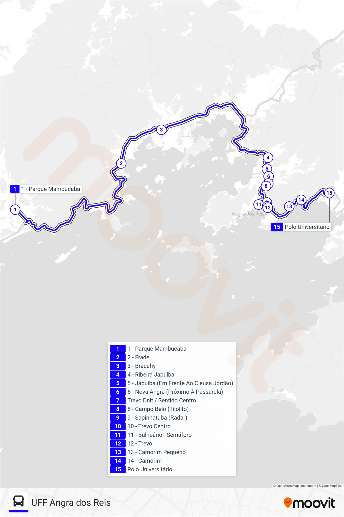 UFF bus Line (Rota 1) route and stops on a map
