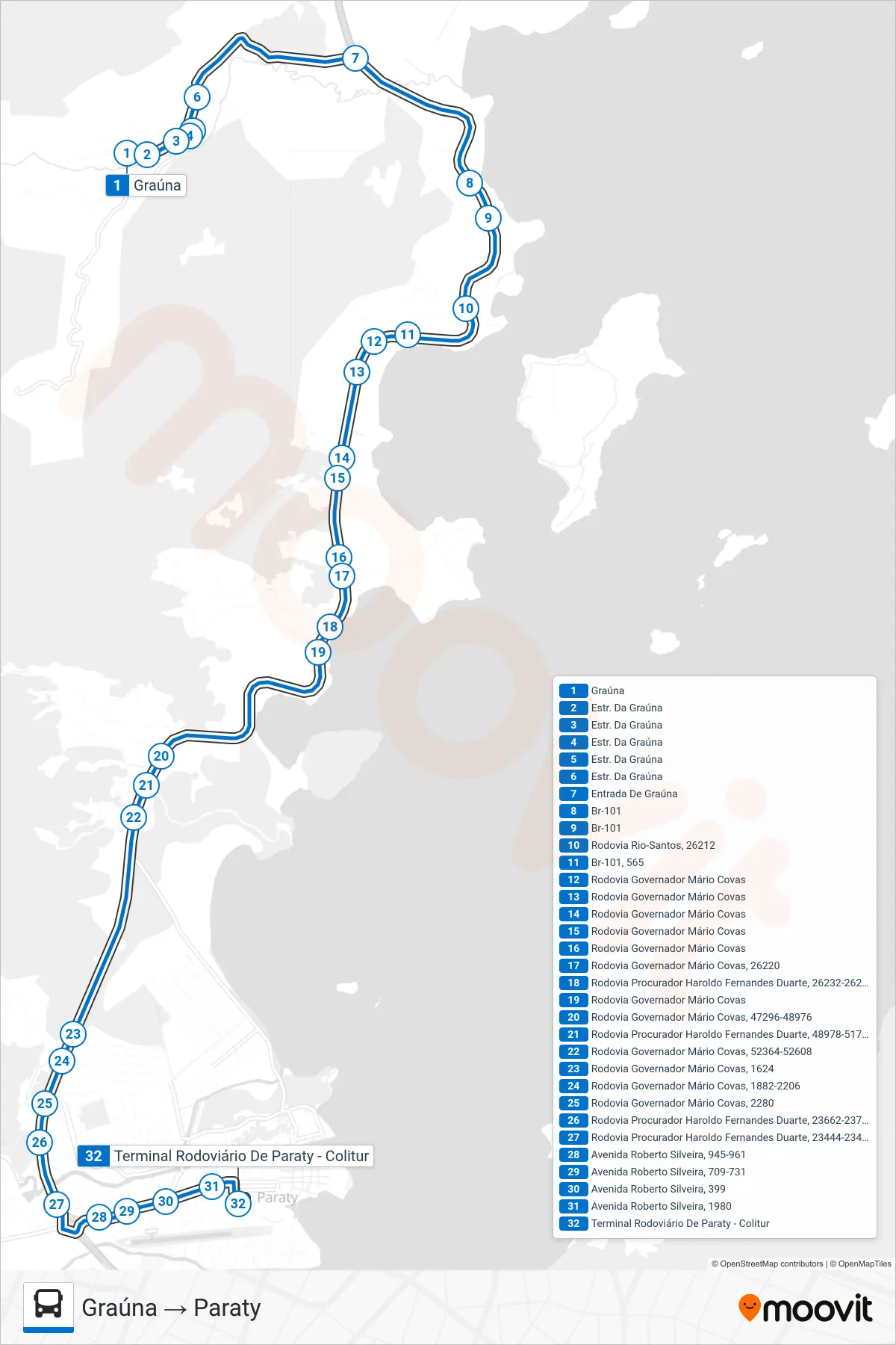 Rota e paradas da linha de ônibus 32 (Graúna → Paraty) no mapa