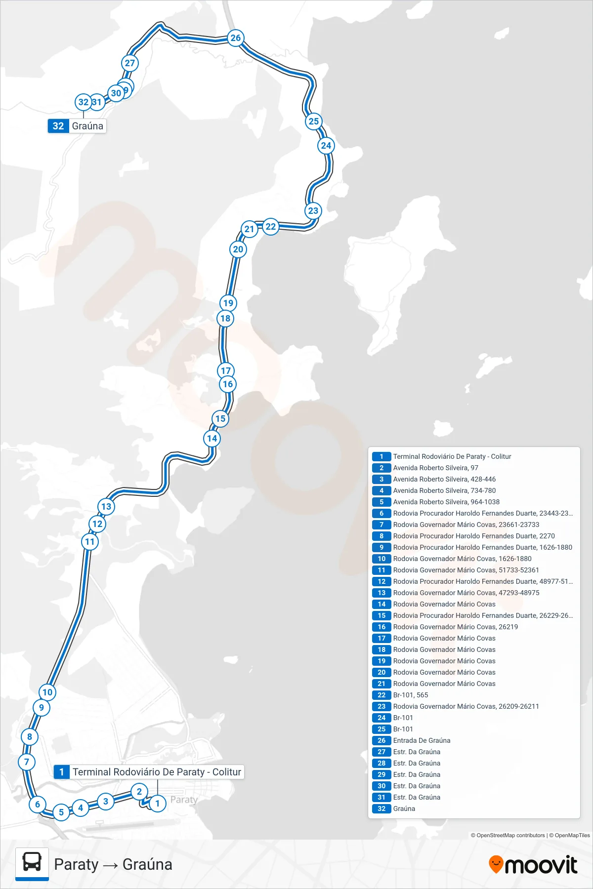 Rota e paradas da linha de ônibus 32 (Paraty → Graúna) no mapa