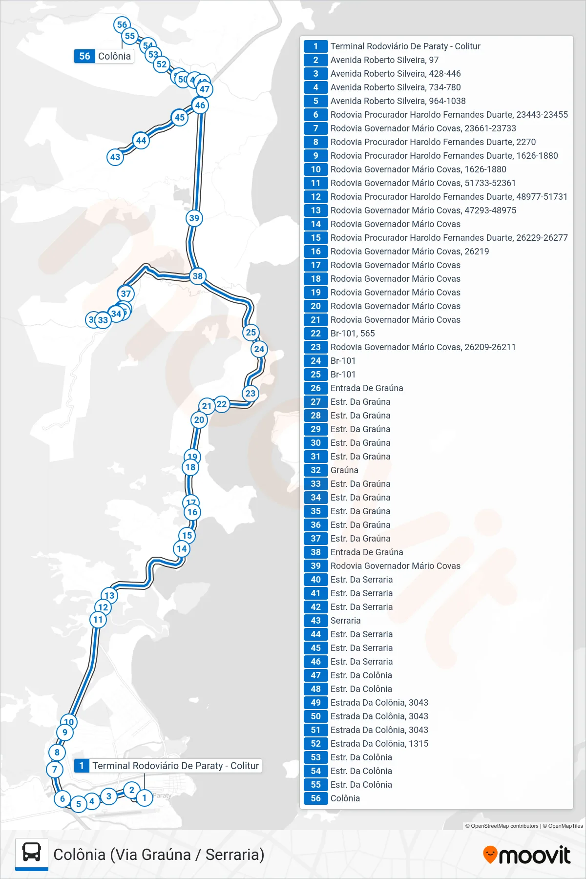 Rota e paradas da linha de ônibus 32 (Colônia (Via Graúna / Serraria)) no mapa