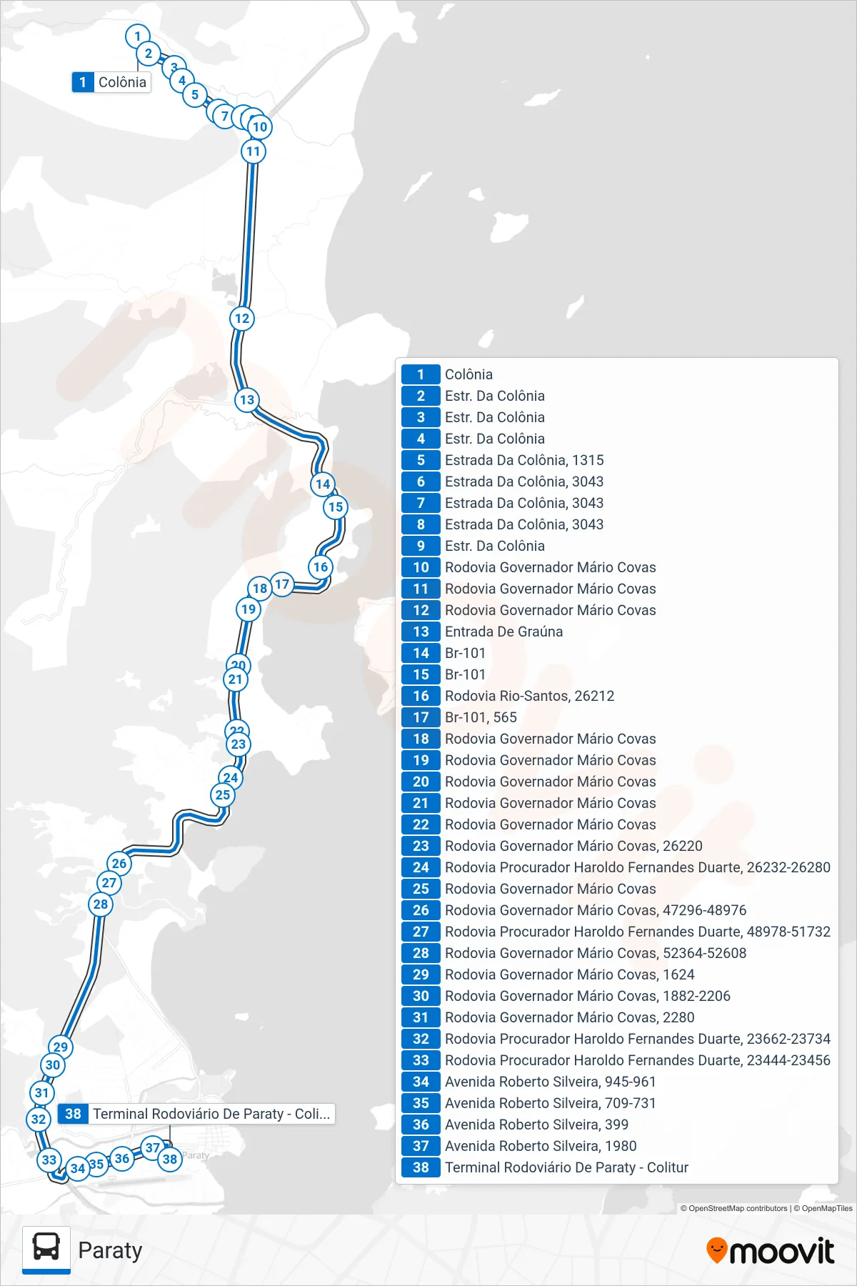 Rota e paradas da linha de ônibus 32 (Paraty) no mapa