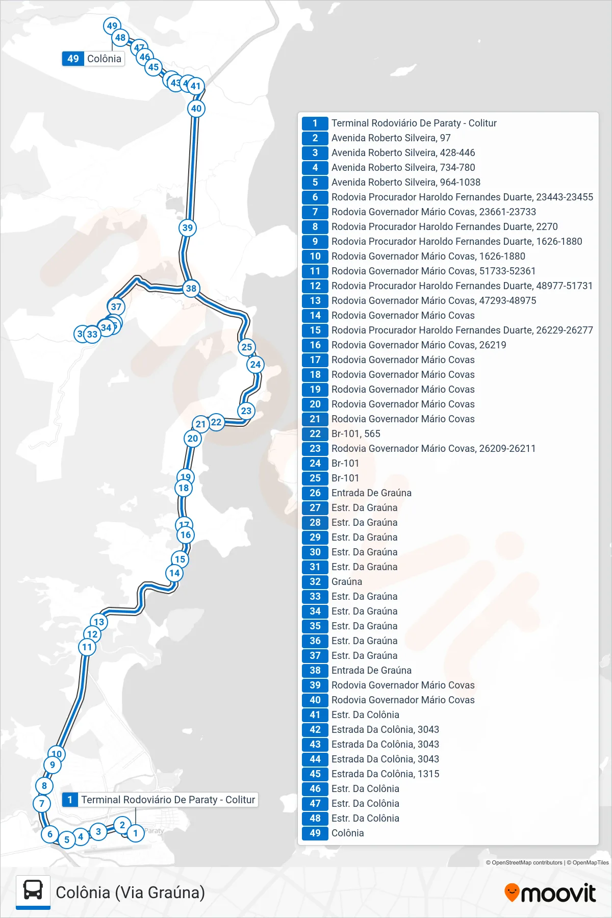 Rota e paradas da linha de ônibus 32 (Colônia (Via Graúna)) no mapa