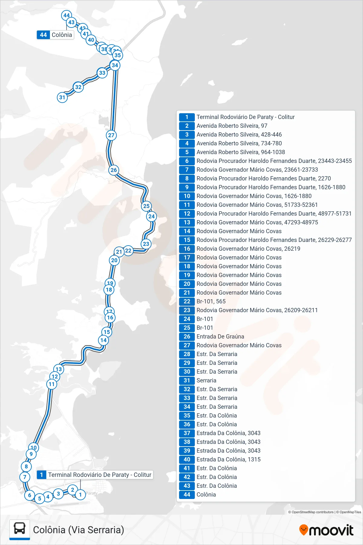 Rota e paradas da linha de ônibus 32 (Colônia (Via Serraria)) no mapa