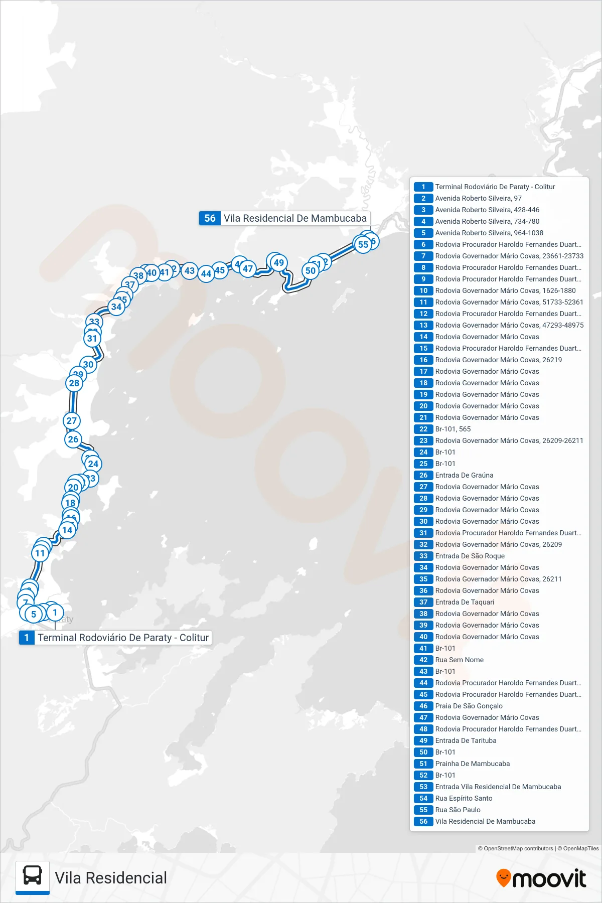 Rota e paradas da linha de ônibus 38 (Vila Residencial) no mapa