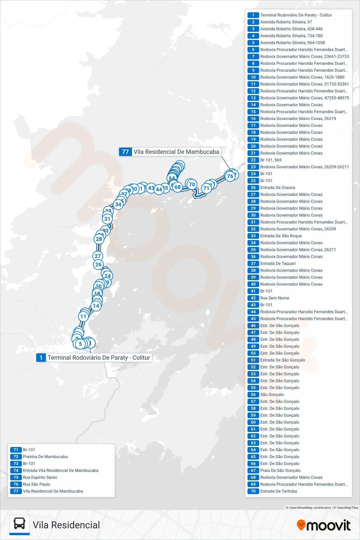 Rota e paradas da linha de ônibus 38 (Vila Residencial (Via São Gonçalo)) no mapa
