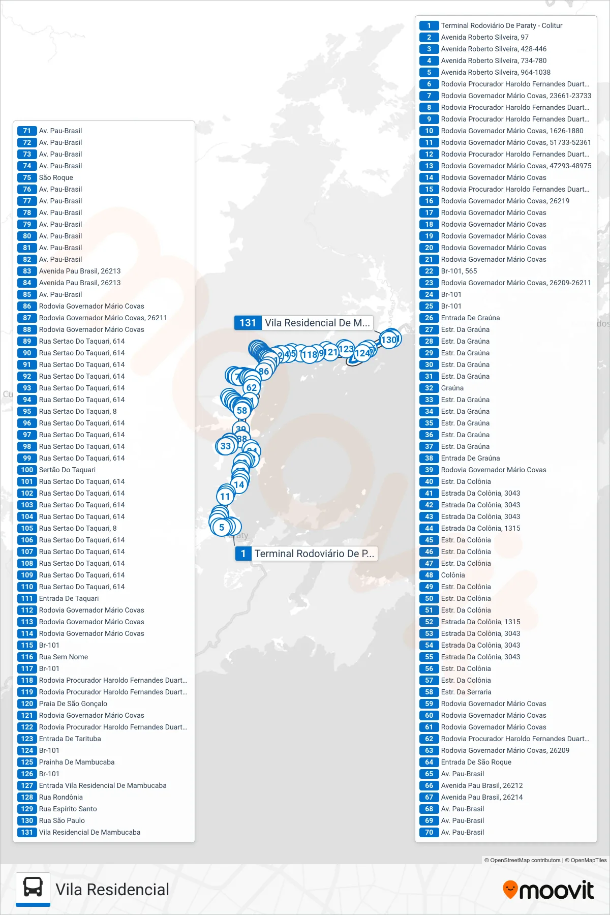 Rota e paradas da linha de ônibus 38 (Vila Residencial (Via Colônia / São Roque / Taquari)) no mapa