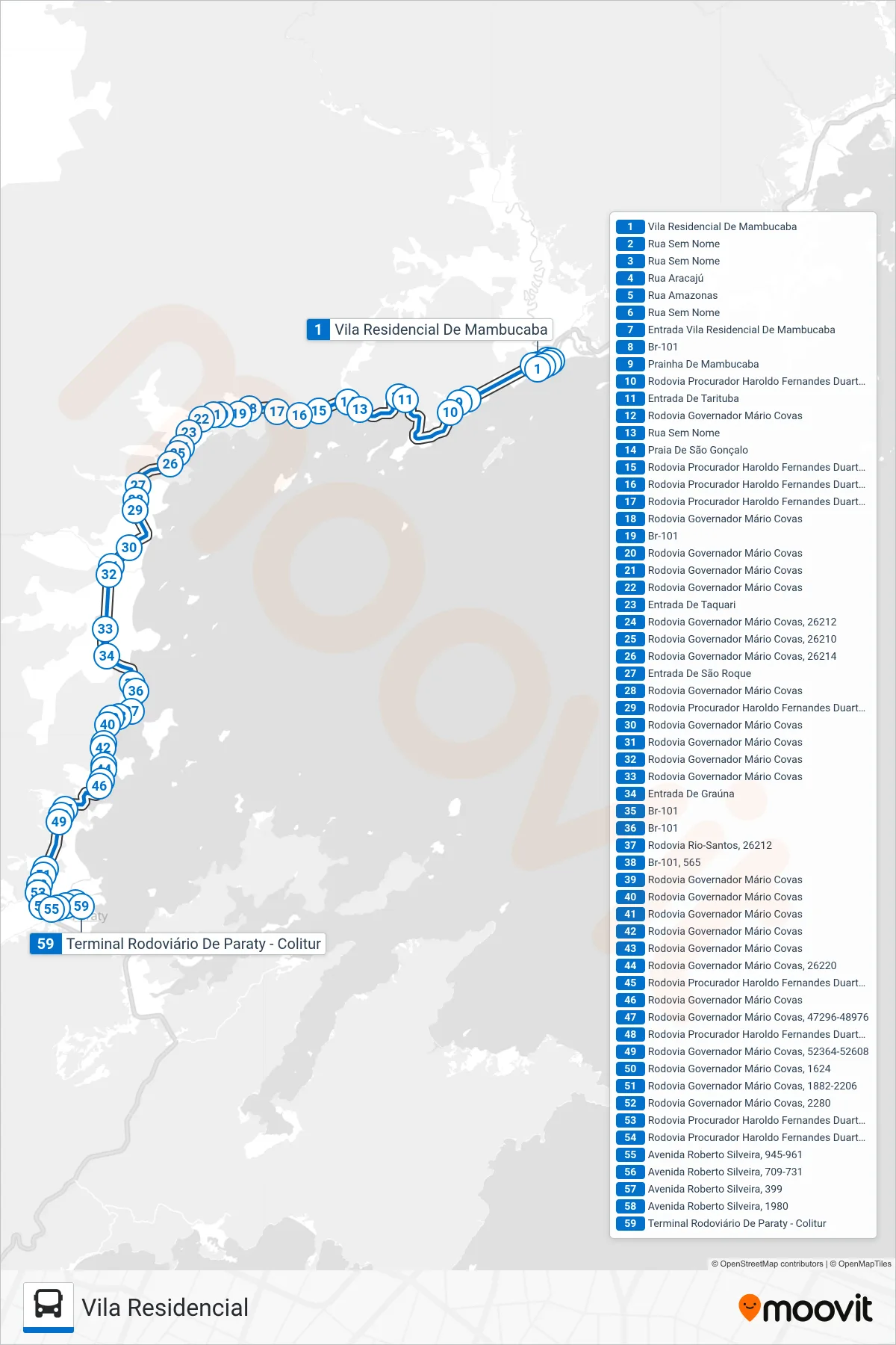 Rota e paradas da linha de ônibus  38  (Paraty) no mapa