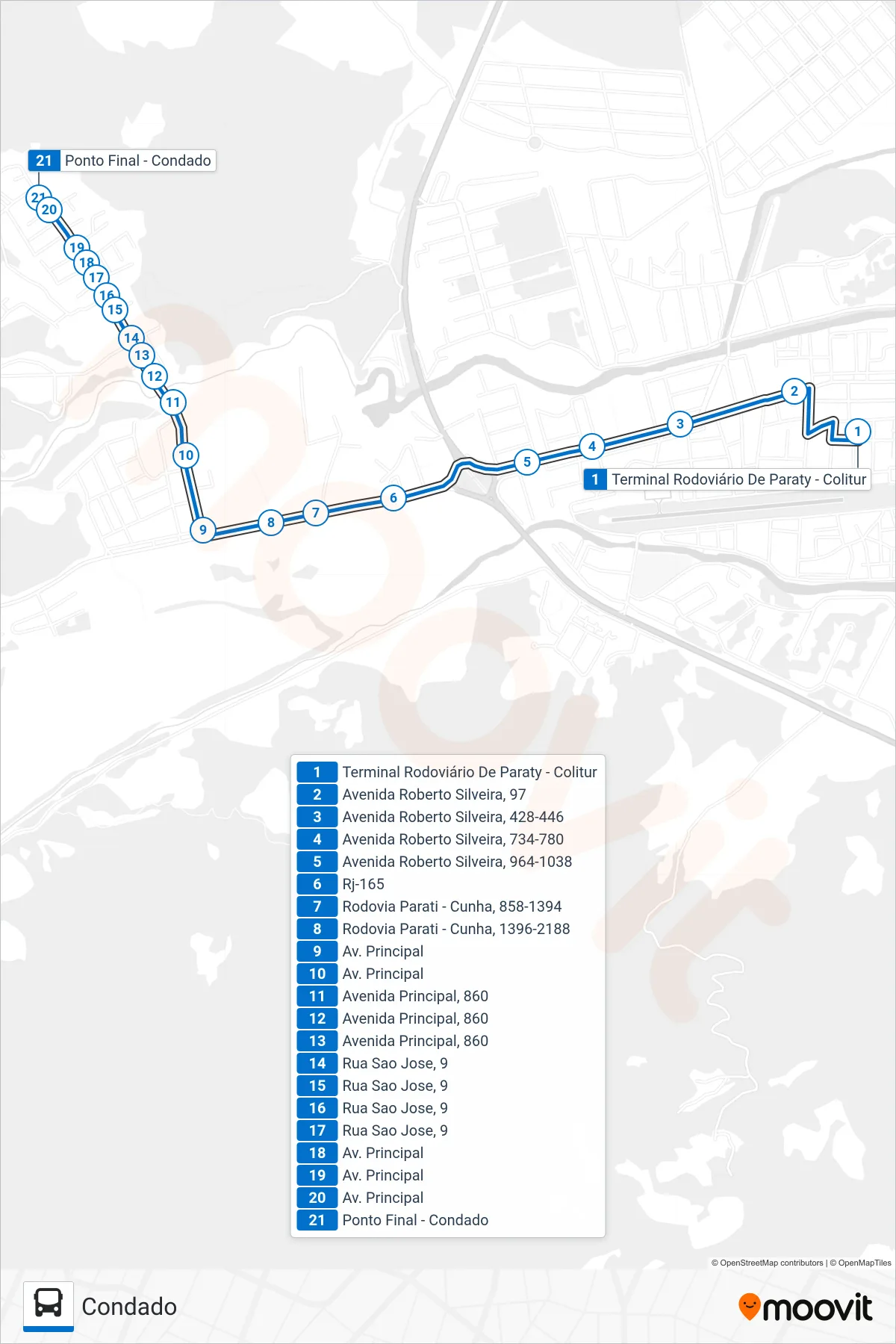 Rota e paradas da linha de ônibus 11 (Condado) no mapa