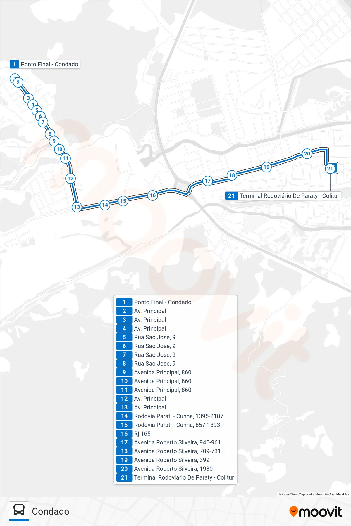 11 bus Line (Paraty) route and stops on a map
