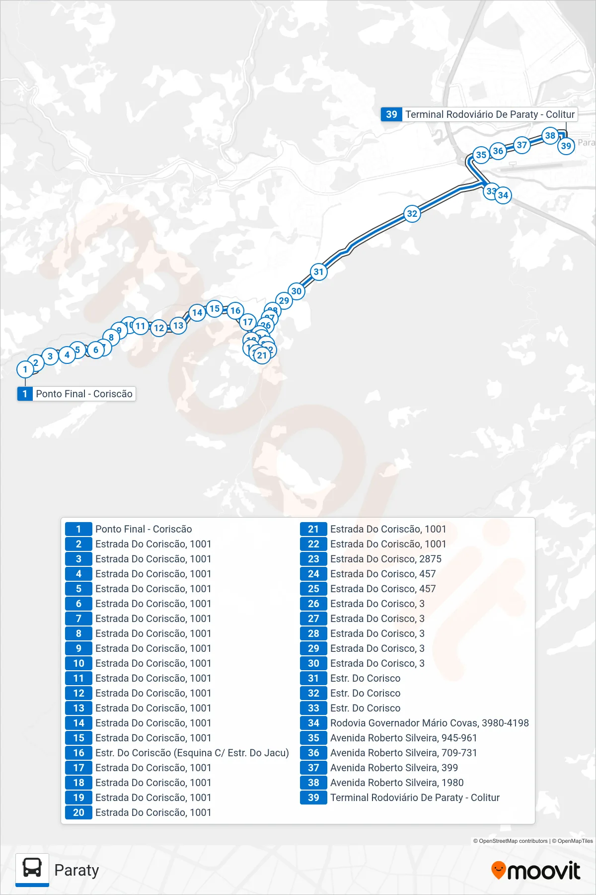 Rota e paradas da linha de ônibus 16 (Paraty) no mapa