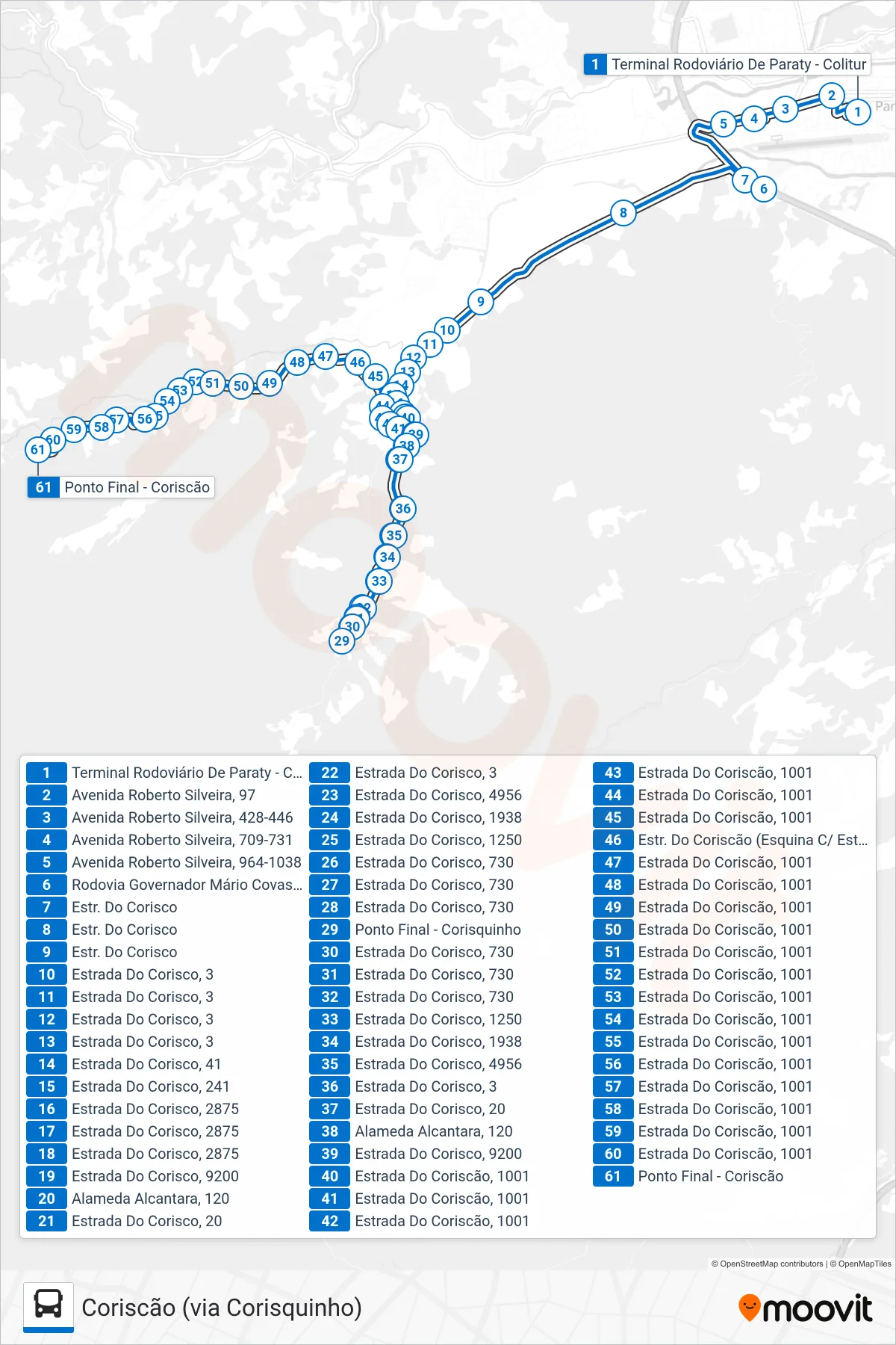 Rota e paradas da linha de ônibus 16 (Coriscão (via Corisquinho)) no mapa