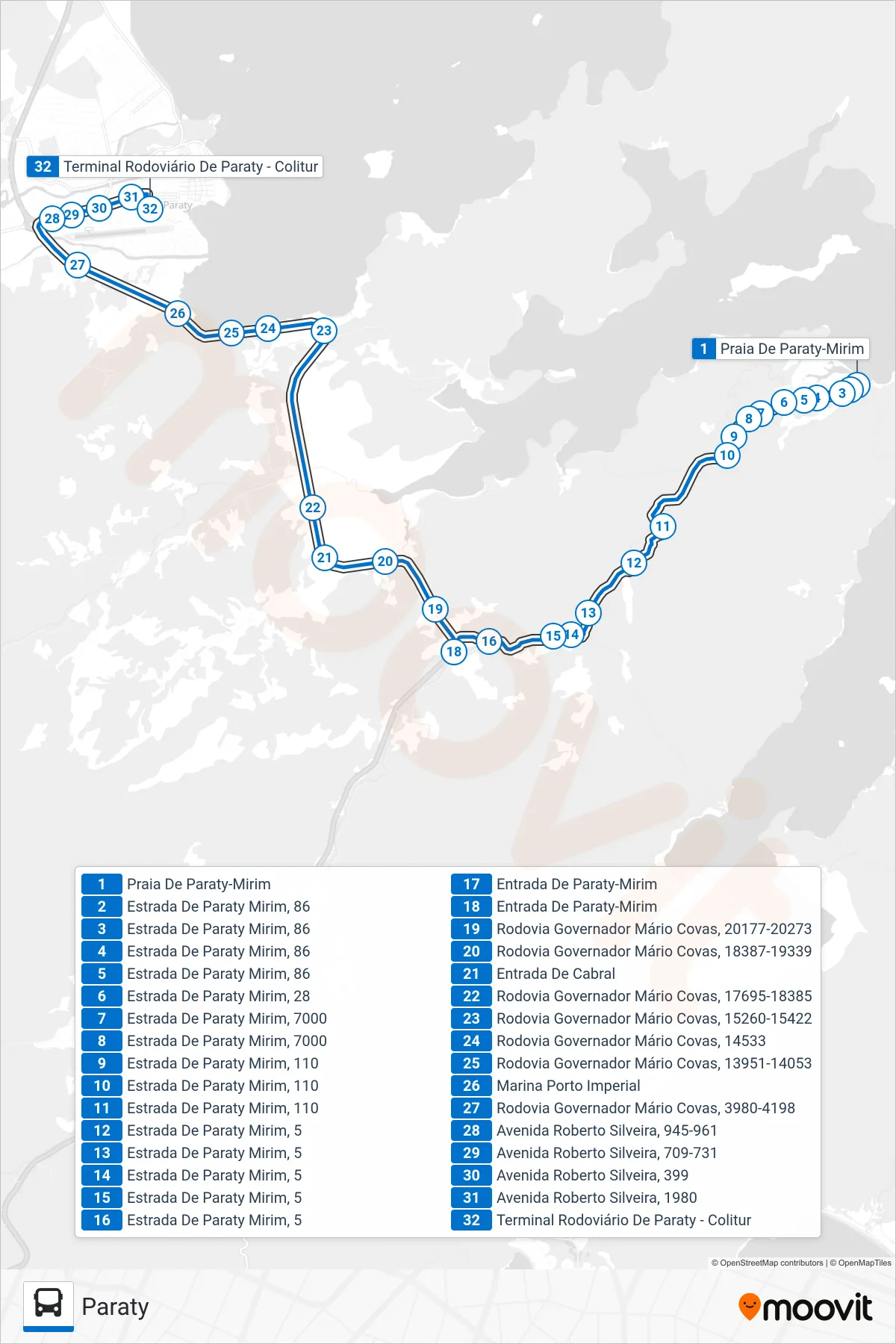 Rota e paradas da linha de ônibus  22  (Paraty) no mapa