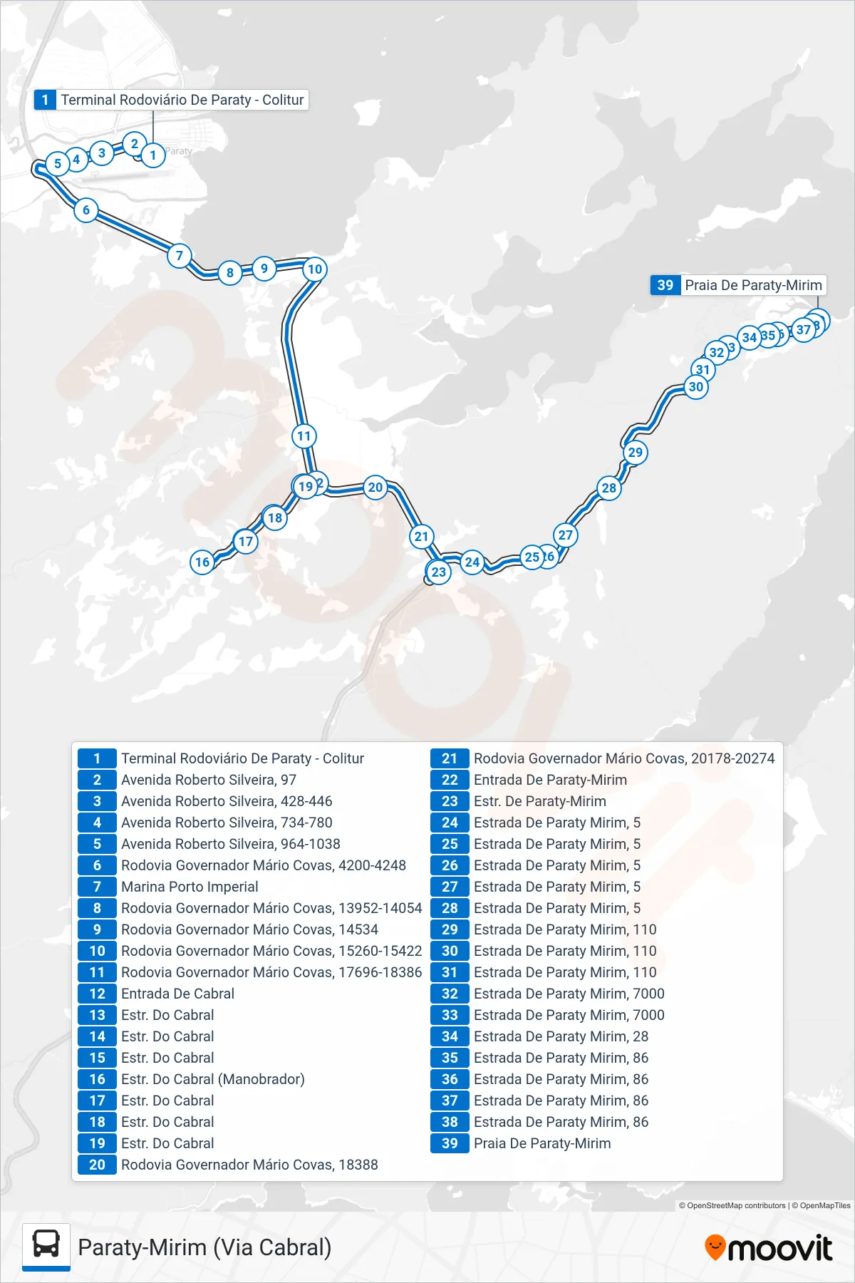 Rota e paradas da linha de ônibus 22 (Paraty-Mirim (Via Cabral)) no mapa