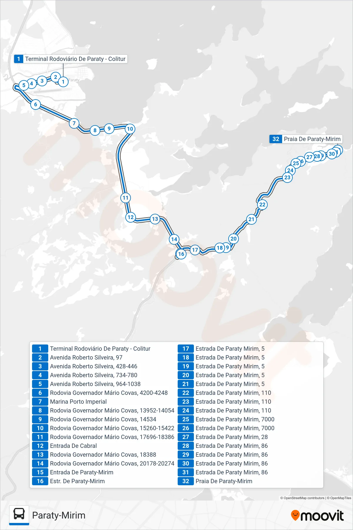 Rota e paradas da linha de ônibus 22 (Paraty-Mirim) no mapa