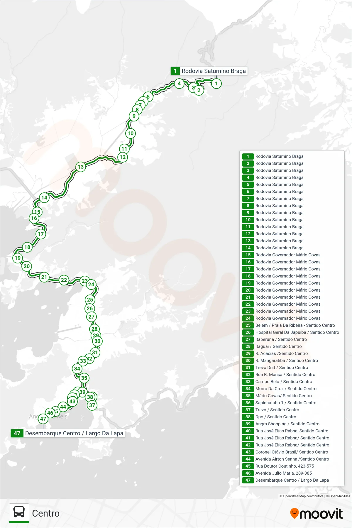 203 bus Line (Centro) route and stops on a map