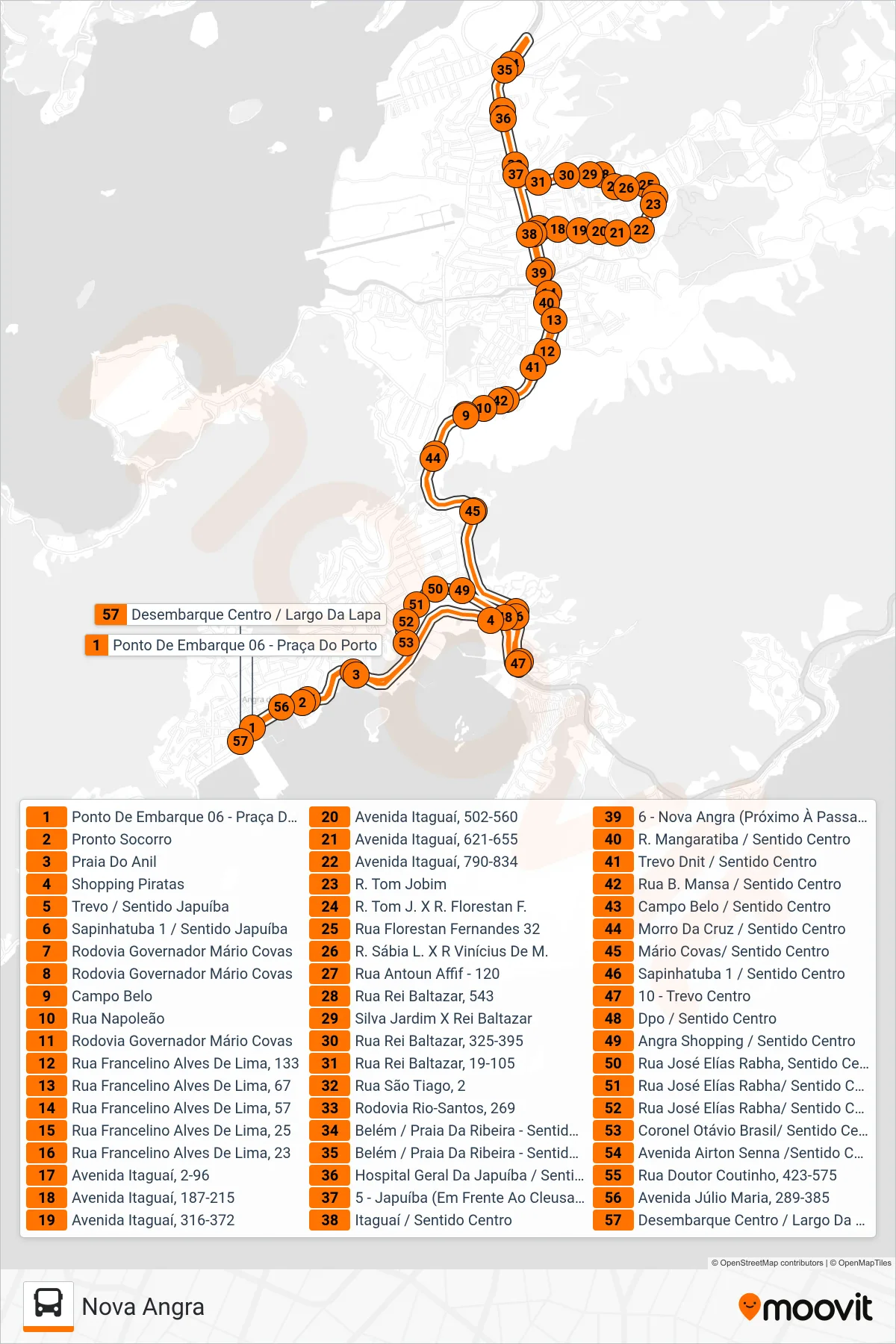 221 bus Line (Nova Angra) route and stops on a map