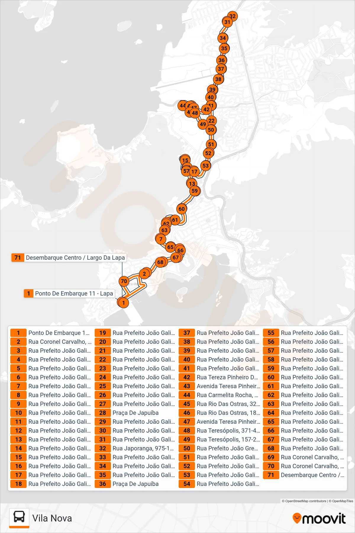 224 bus Line (Vila Nova) route and stops on a map