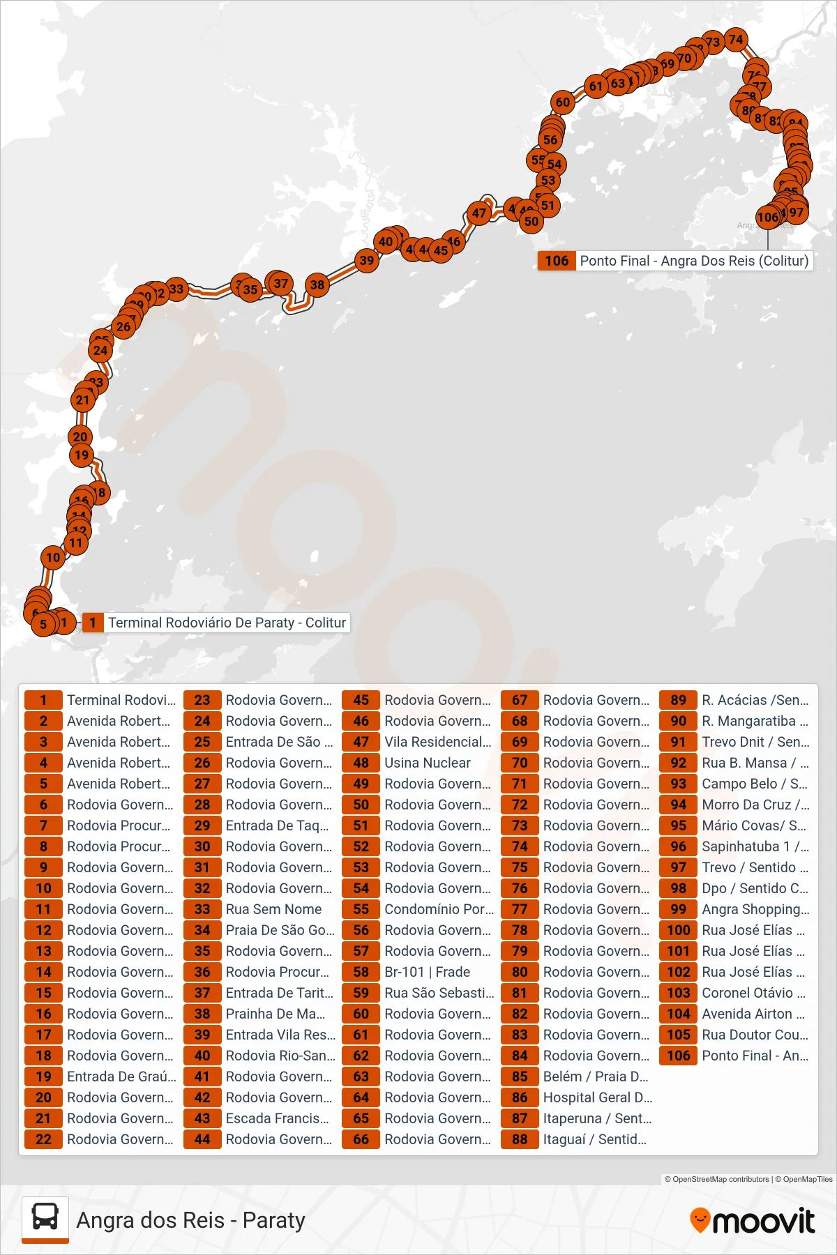Rota e paradas da linha de ônibus L101 (Angra dos Reis) no mapa