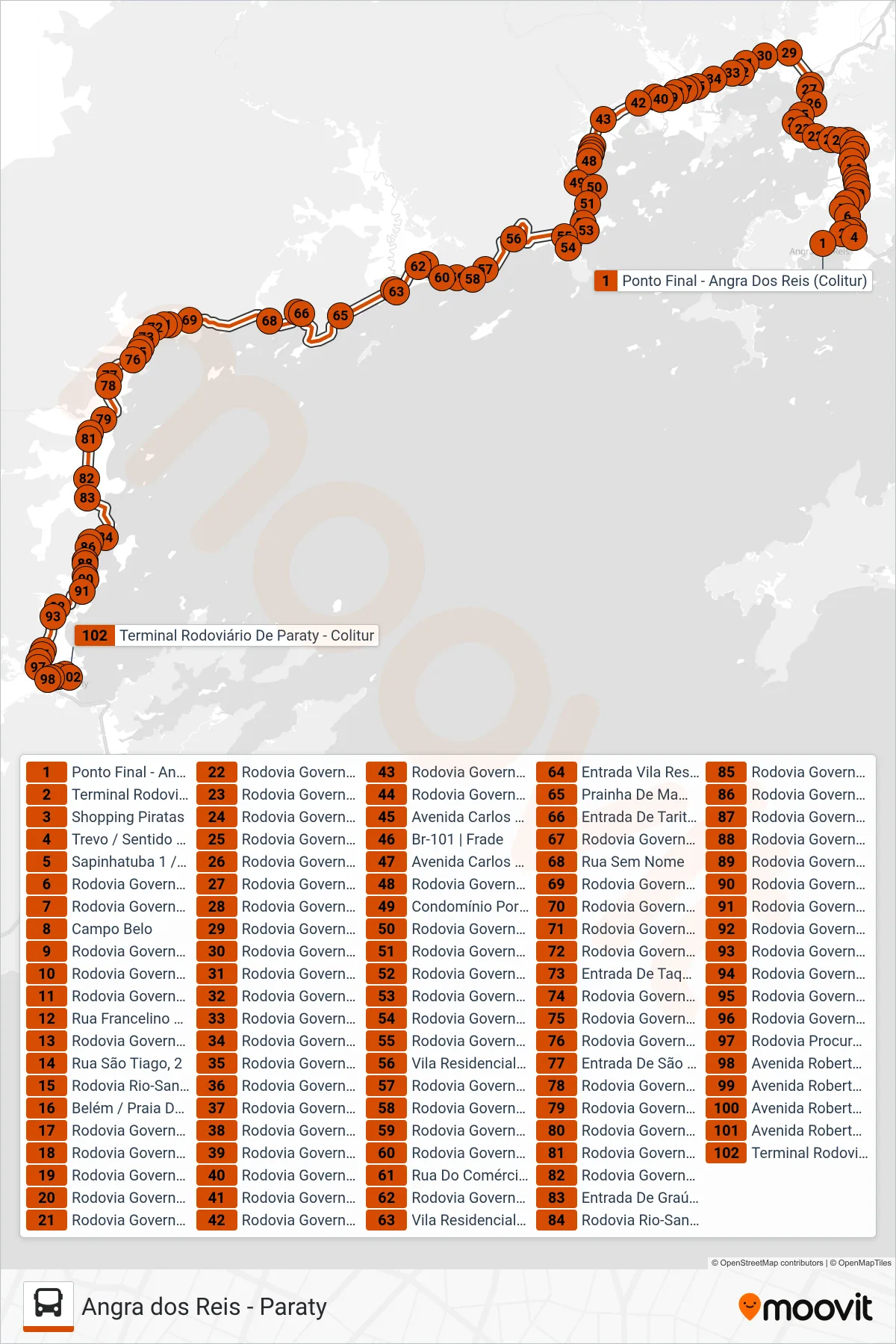 Rota e paradas da linha de ônibus  L101  (Paraty (via Vila Residencial)) no mapa