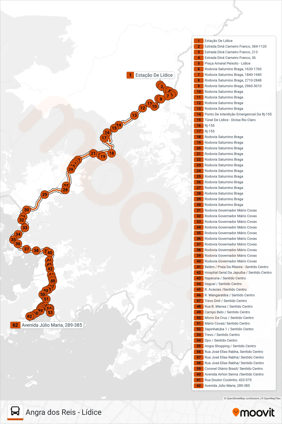 Rota e paradas da linha de ônibus L407 (Angra dos Reis) no mapa