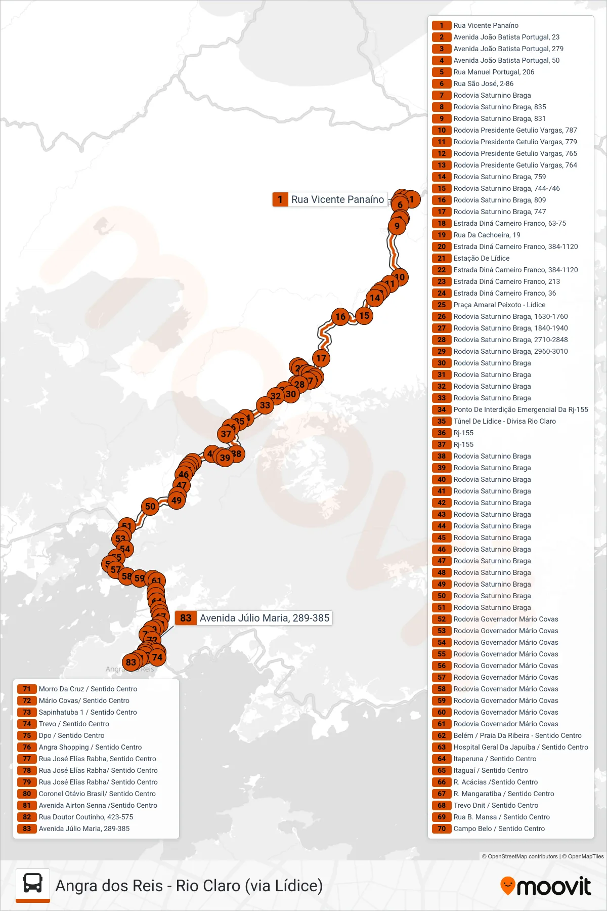 Rota e paradas da linha de ônibus L408 (Angra (via Lídice)) no mapa