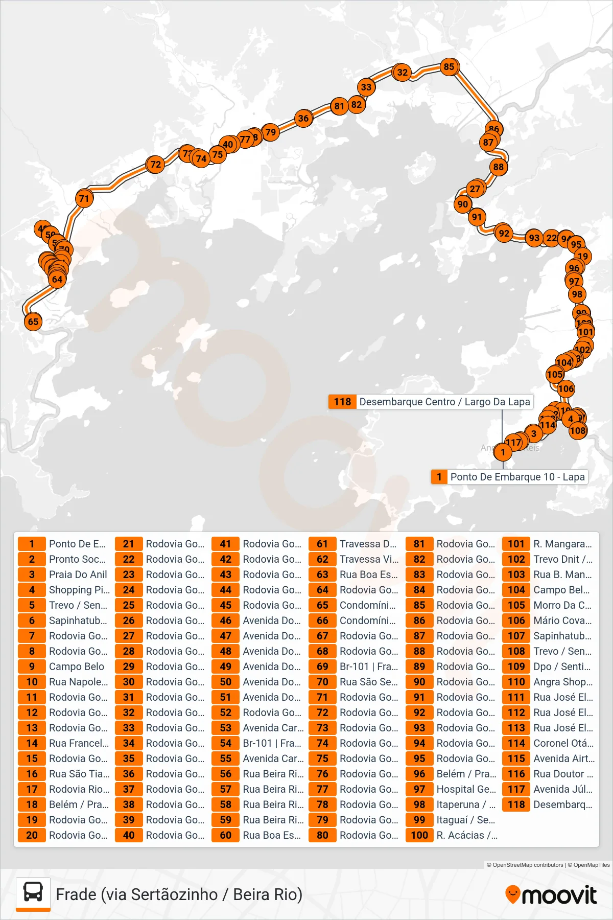 Rota e paradas da linha de ônibus 202 (Frade (Via Sertãozinho / Beira Rio)) no mapa