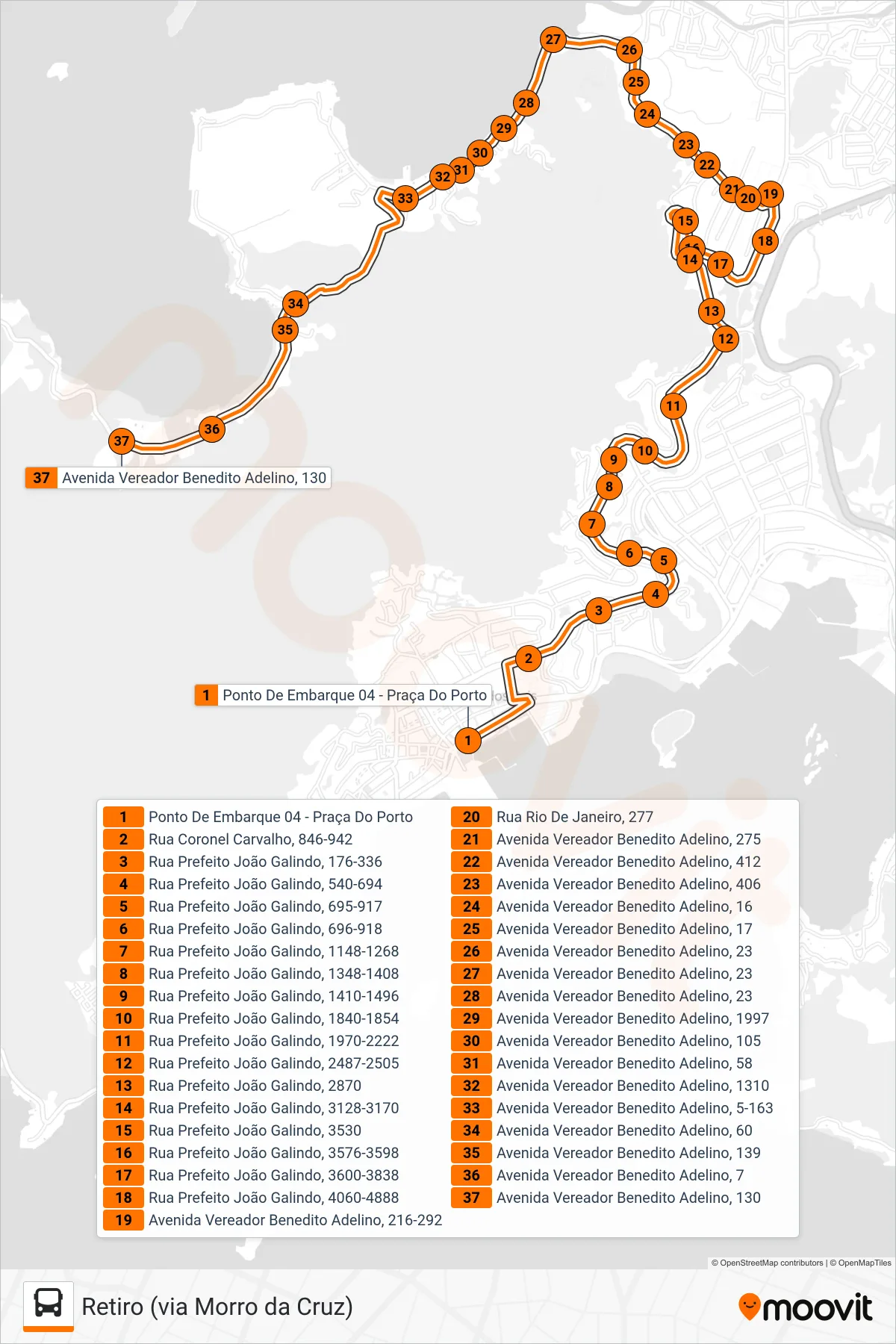 Rota e paradas da linha de ônibus  C05  (Retiro (via Morro da Cruz)) no mapa
