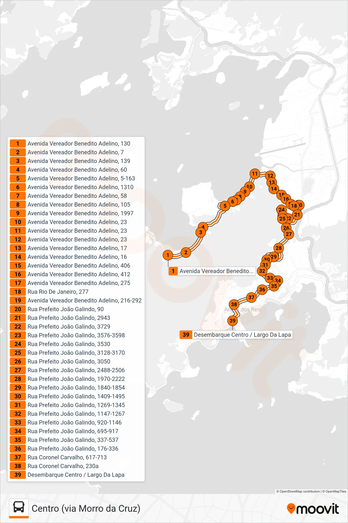 C05 bus Line (Centro (via Morro da Cruz)) route and stops on a map