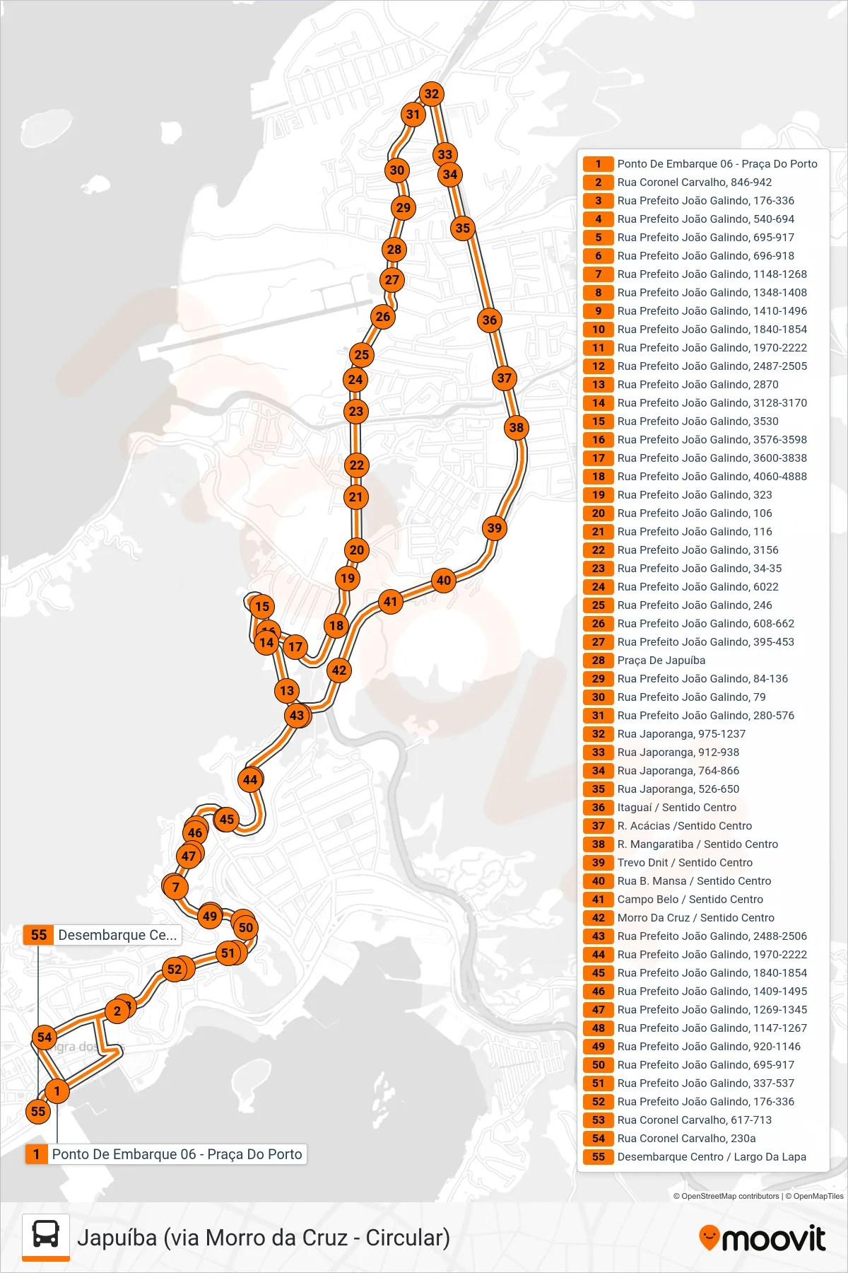 207 bus Line (Japuíba (Via Morro Da Cruz - Circular)) route and stops on a map