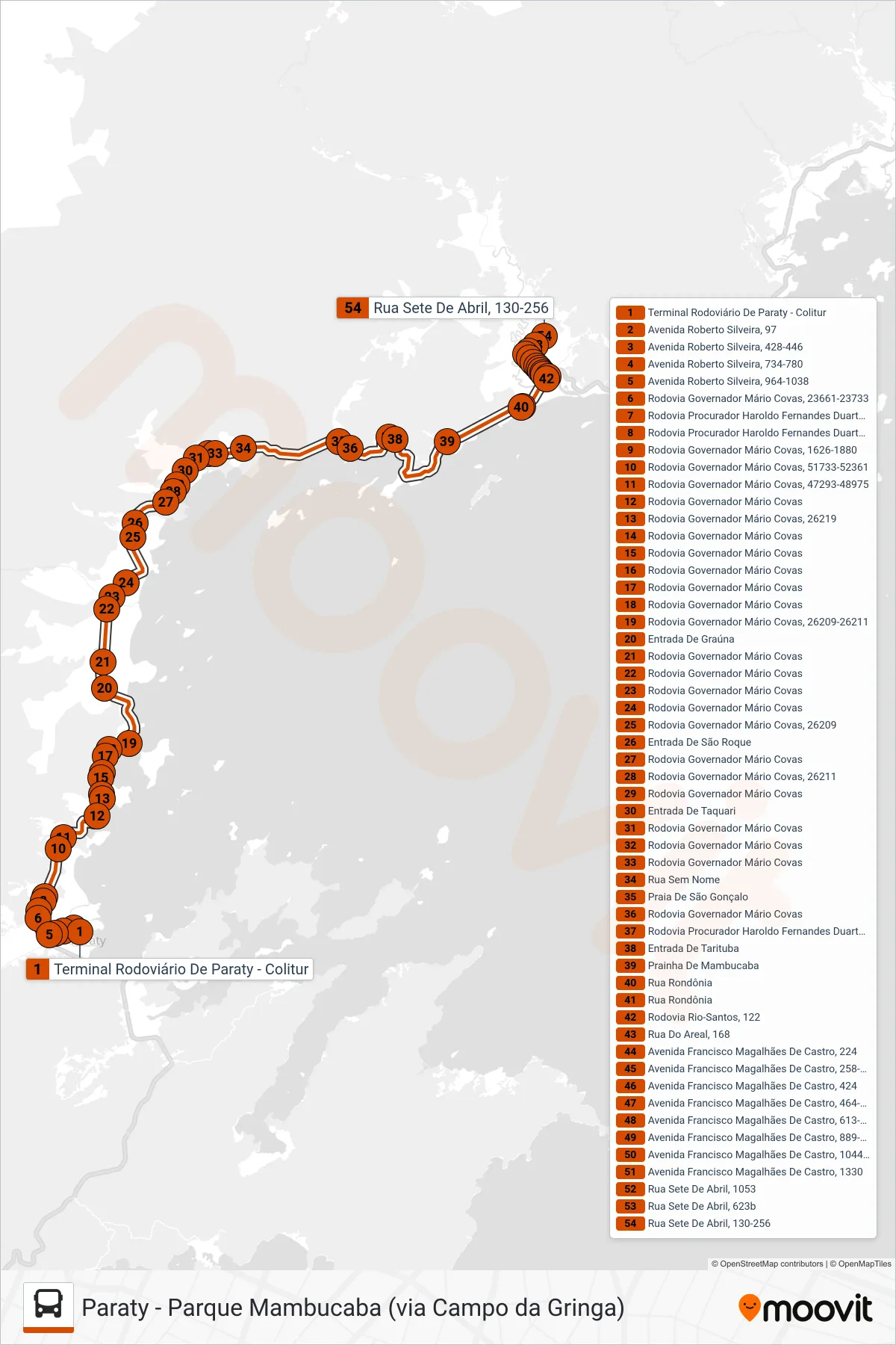 Rota e paradas da linha de ônibus L406 (Parque Mambucaba (Via Campo Da Gringa)) no mapa