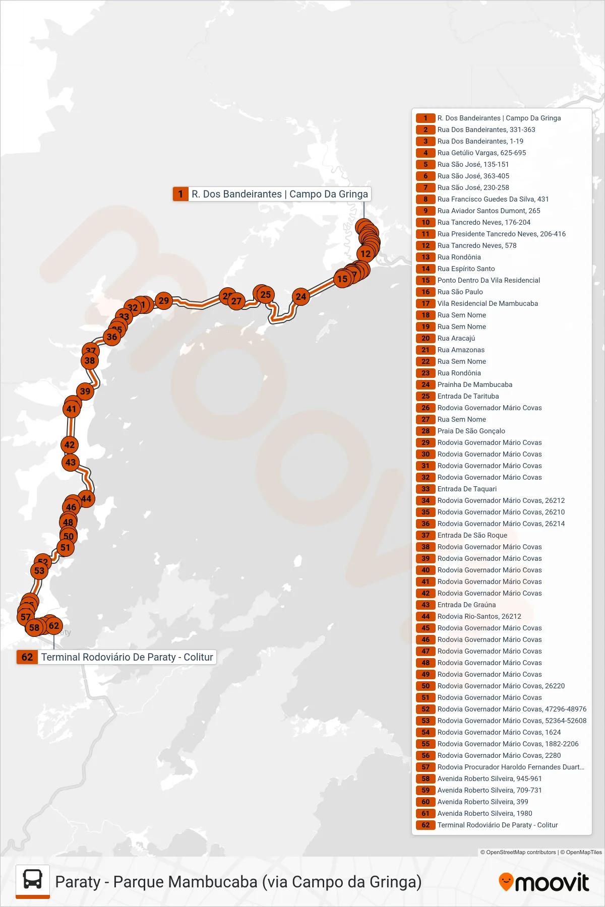 Rota e paradas da linha de ônibus L406 (Paraty (via Vila Residencial)) no mapa