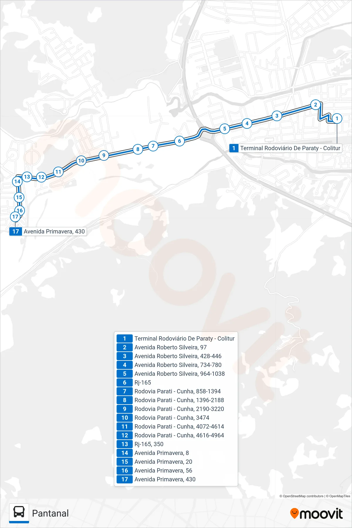 Rota e paradas da linha de ônibus 13 (Pantanal) no mapa