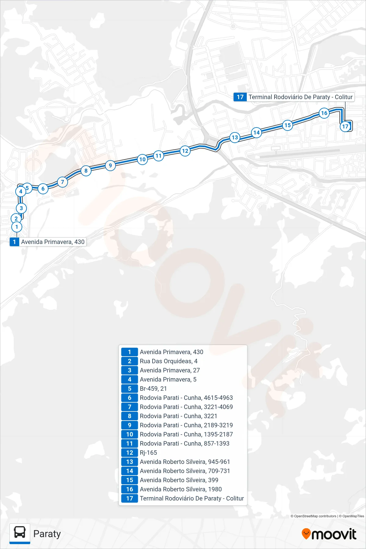 Rota e paradas da linha de ônibus 13 (Paraty) no mapa