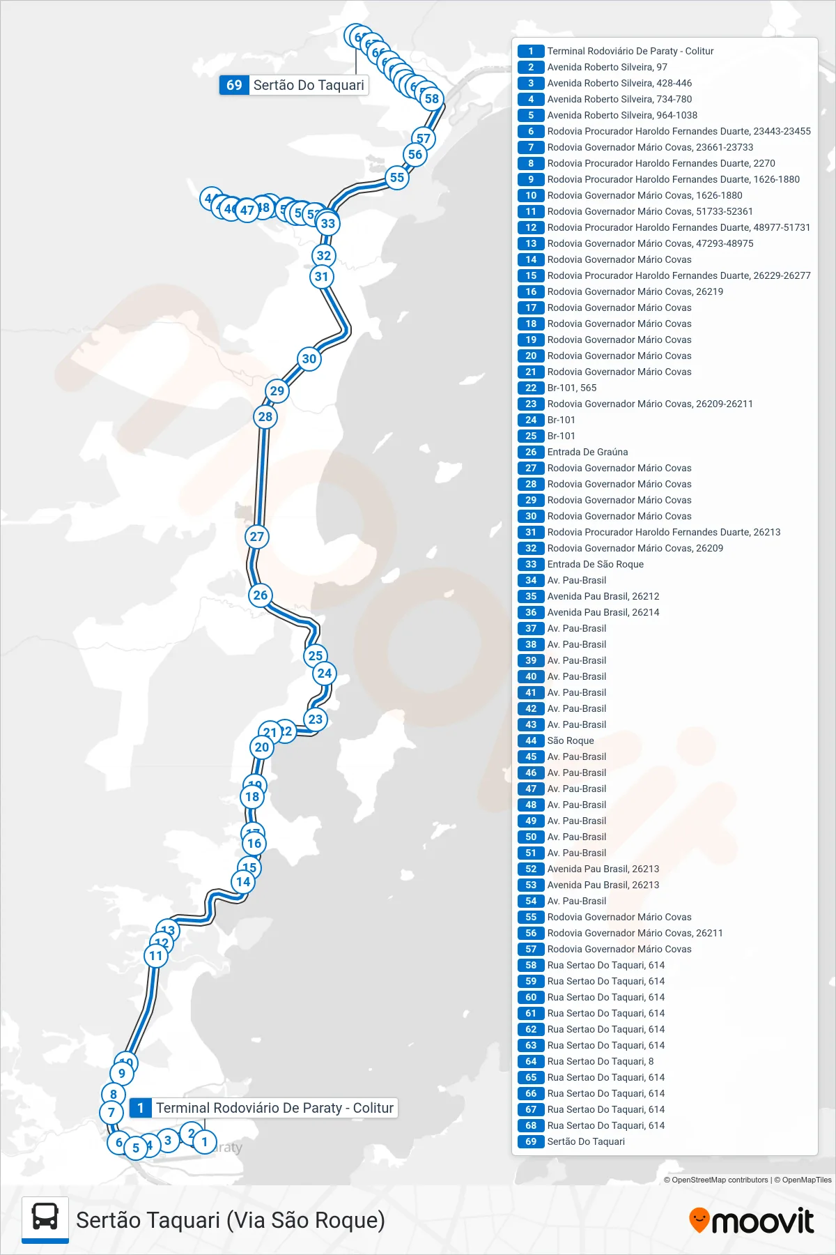 Rota e paradas da linha de ônibus 35 (Sertão Taquari (Via São Roque)) no mapa
