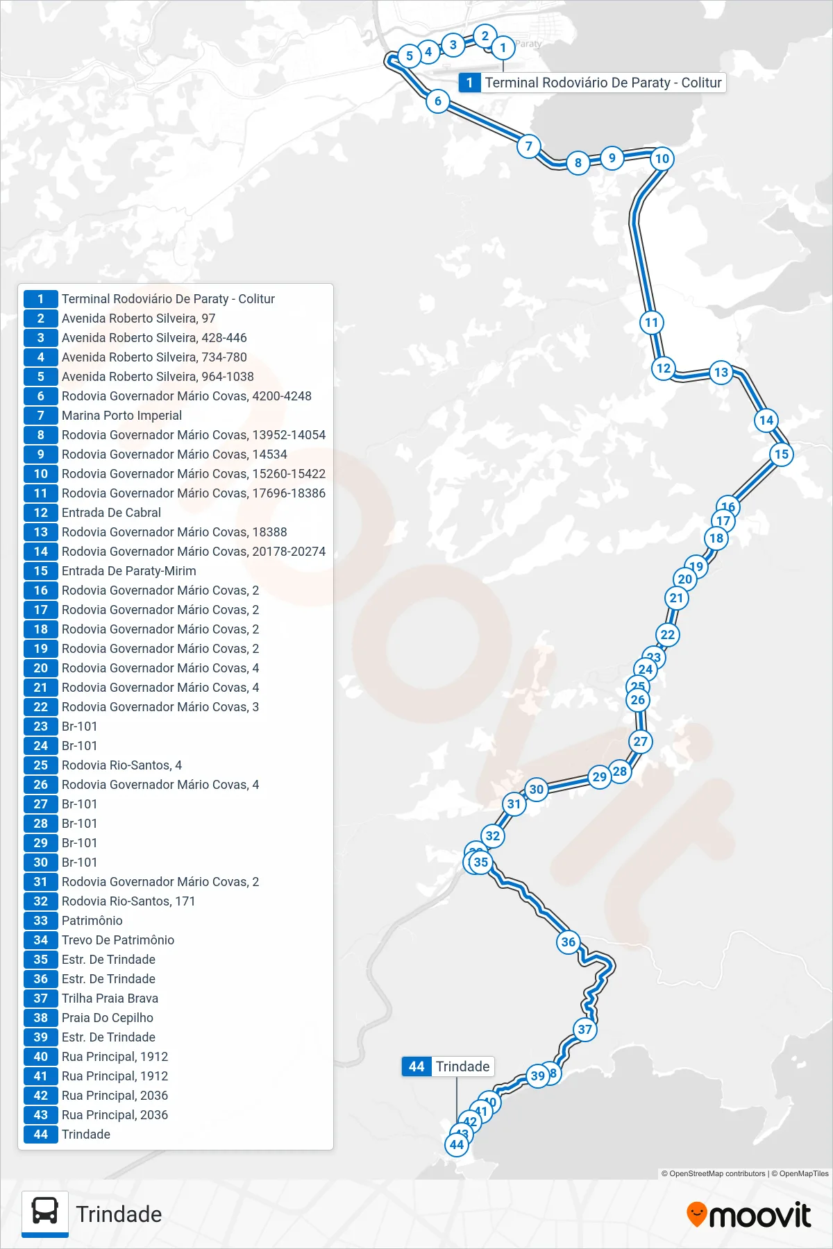 Rota e paradas da linha de ônibus  25  (Trindade) no mapa