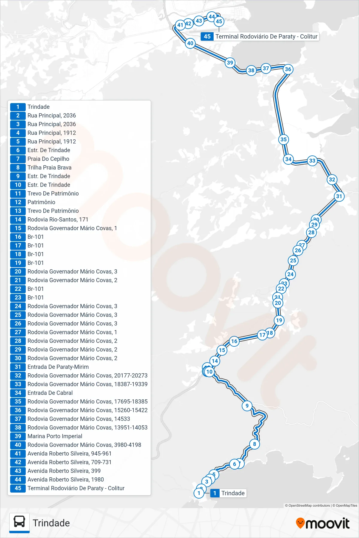 Rota e paradas da linha de ônibus 25 (Paraty) no mapa