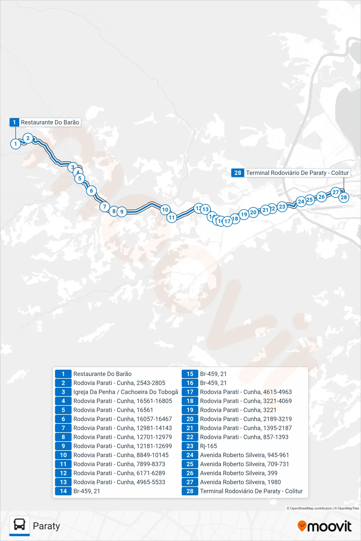 14 bus Line (Paraty) route and stops on a map