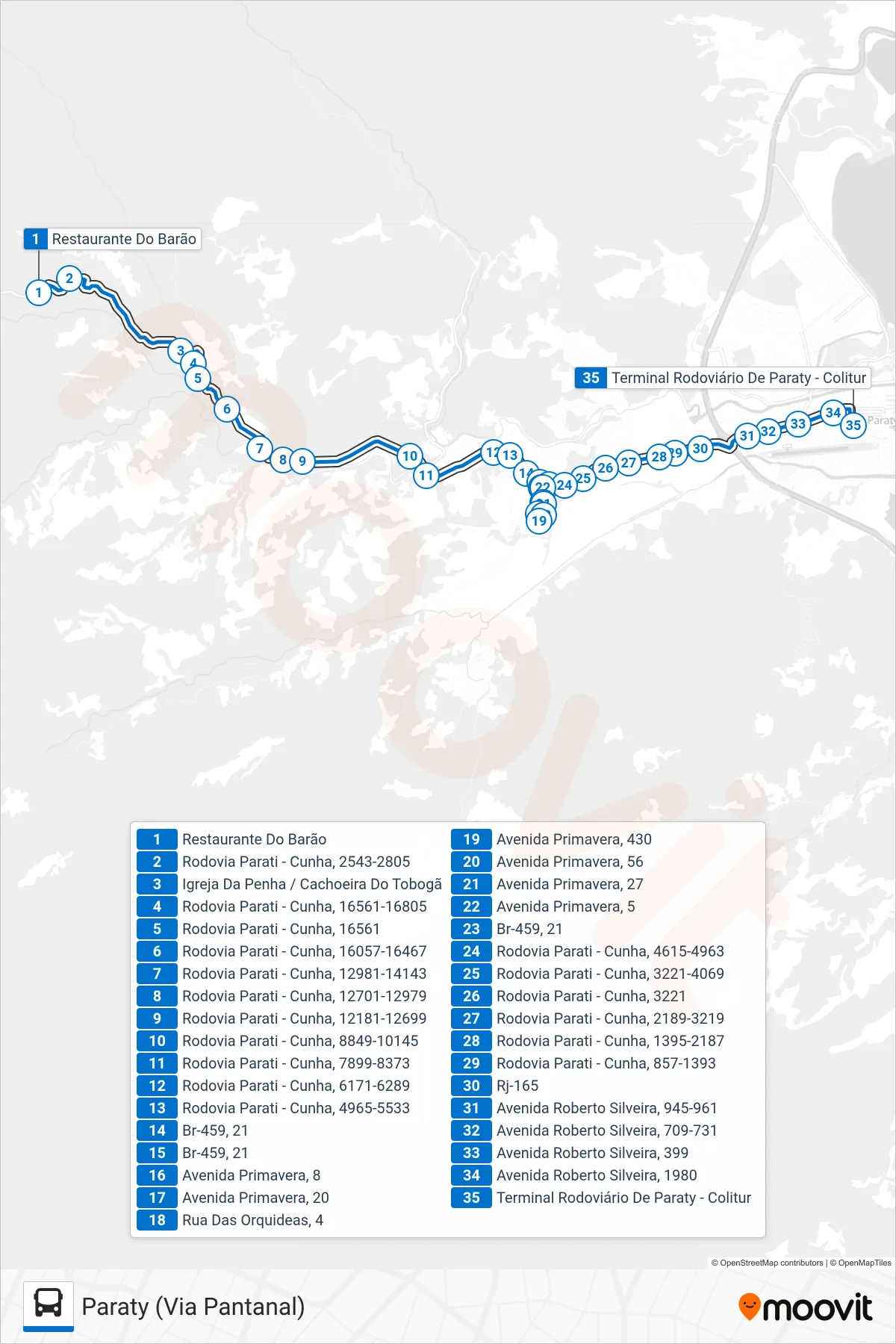 Rota e paradas da linha de ônibus  14  (Paraty (Via Pantanal)) no mapa