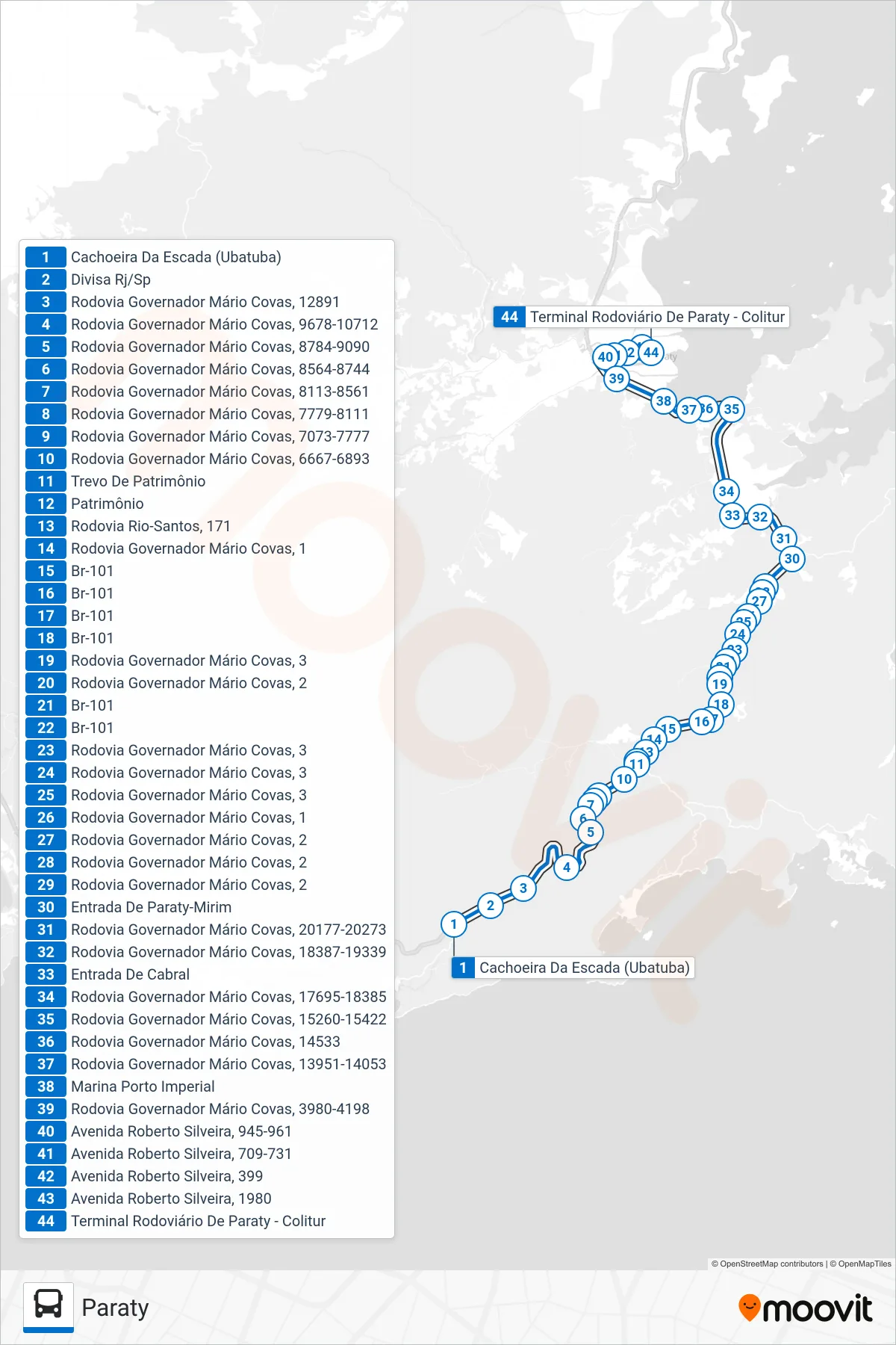 26 bus Line (Paraty) route and stops on a map