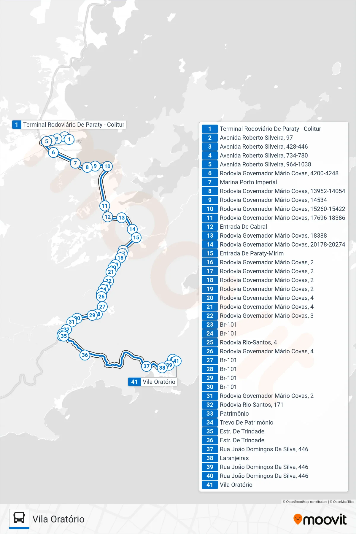 Rota e paradas da linha de ônibus 24 (Vila Oratório) no mapa