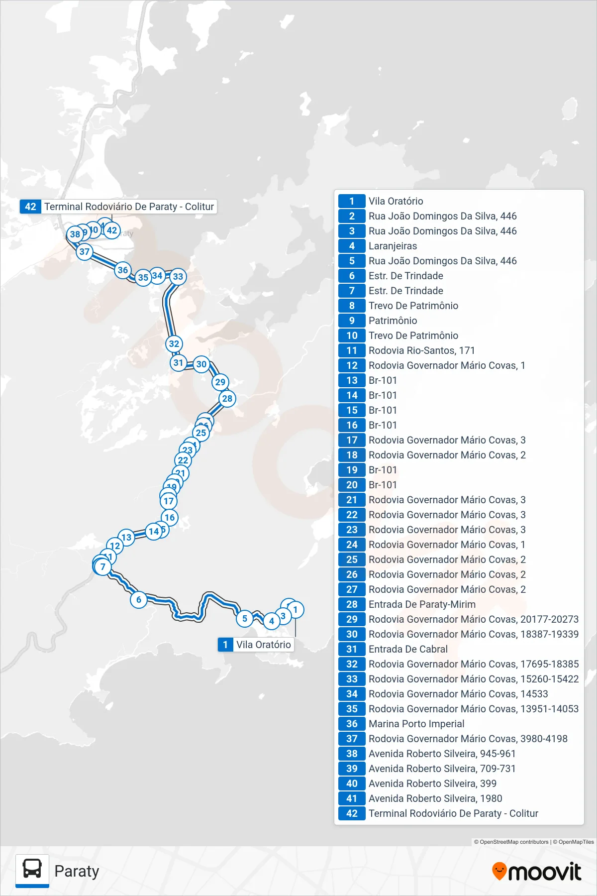 24 bus Line (Paraty) route and stops on a map