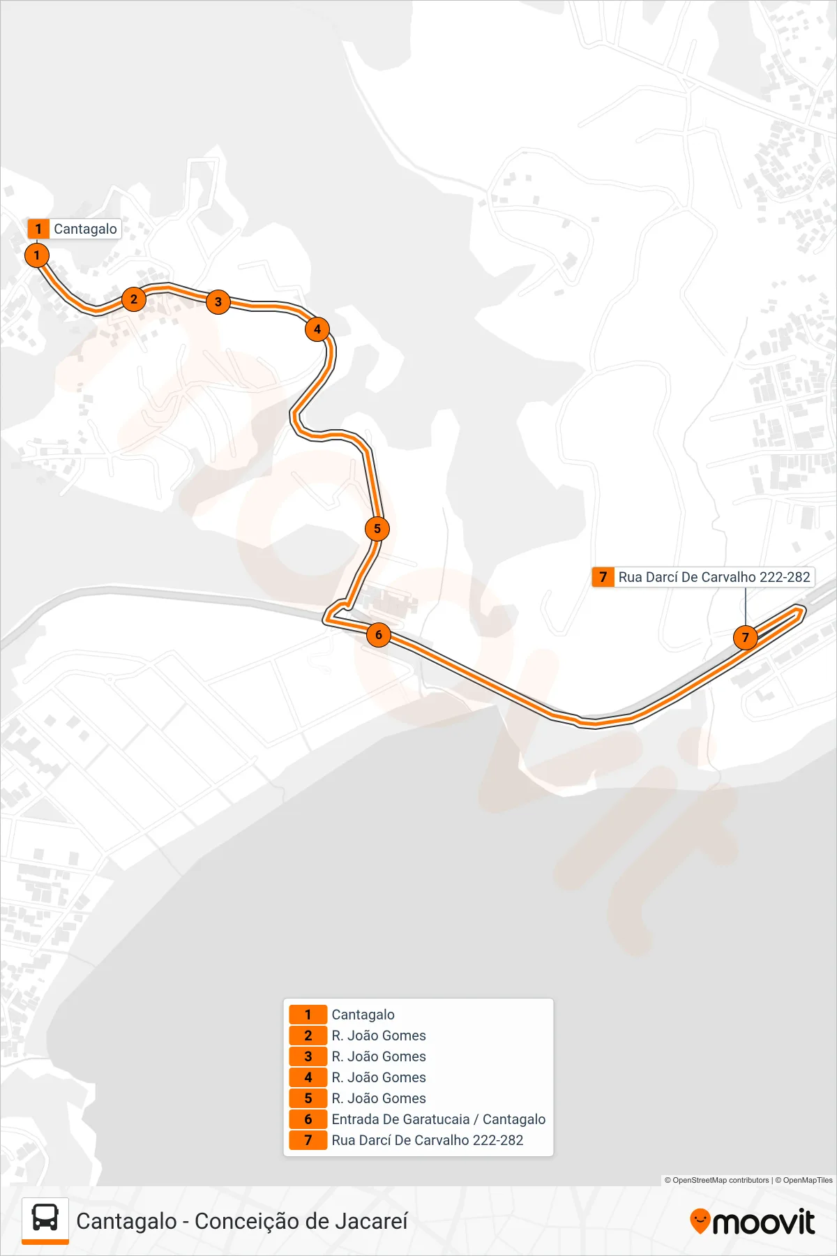 Rota e paradas da linha de ônibus 101 (Cantagalo - Conceição de Jacareí) no mapa