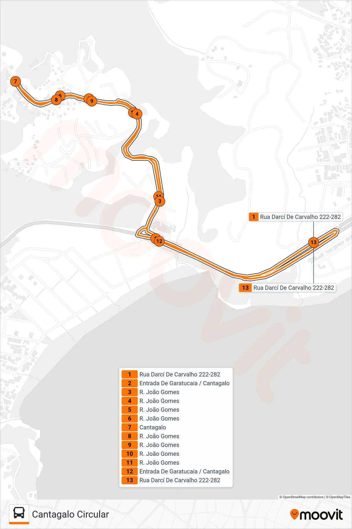 101 bus Line (Cantagalo Circular) route and stops on a map