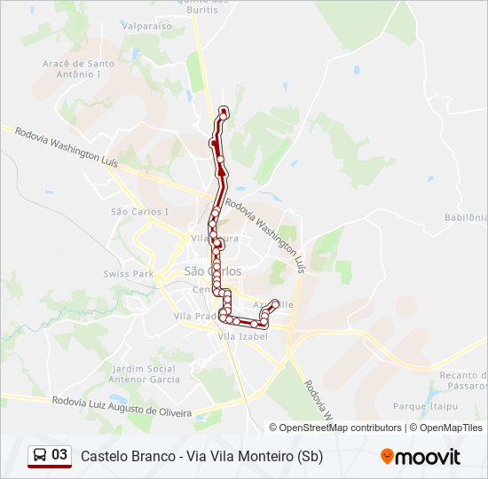 Rota da linha 03: horários, paradas e mapas - Castelo Branco - Via